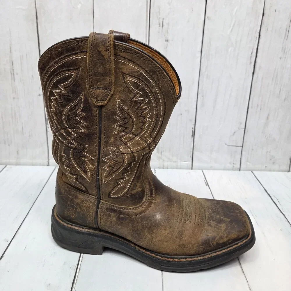 Ariat Kid's Work Hog Brown Leather Western Boot Youth Size 1 Boys 10042412 GUC